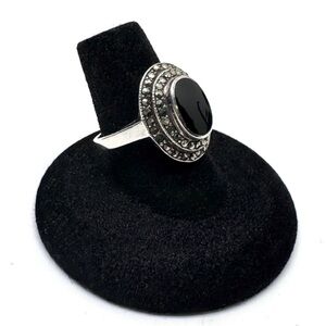 Vintage Sterling Silver Black Onyx & Marcasite Cocktail Ring Size 7 1/2